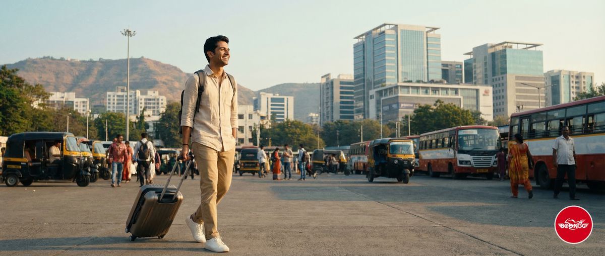 Young professional arriving in Pune with luggage, Pune city skyline with IT parks in background