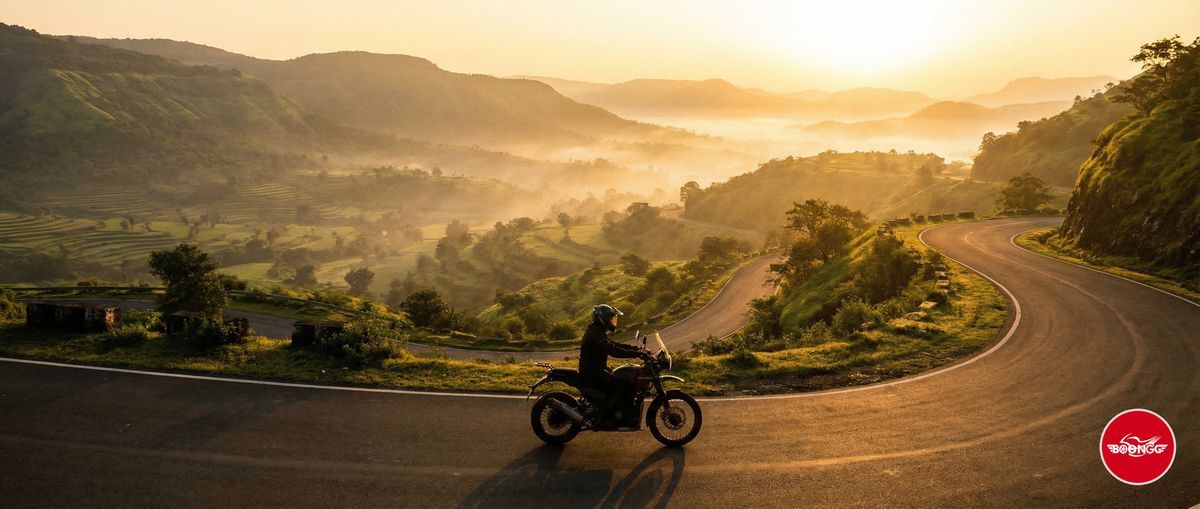 Rider on a bike at sunrise on a scenic Pune ghat road with golden light and dramatic Western Ghats hills