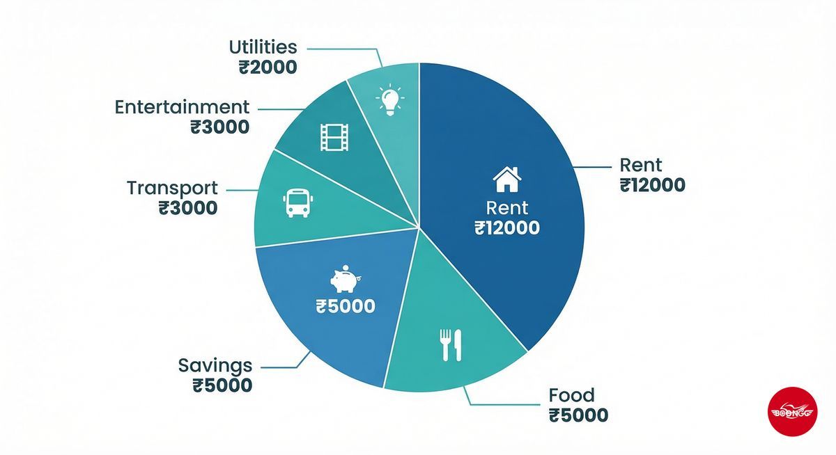 Monthly budget breakdown infographic for a fresher living in Pune showing rent, food, transport and savings