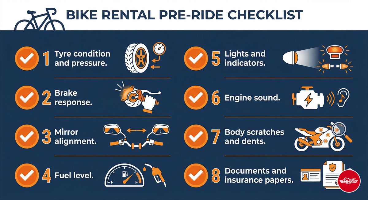 Infographic checklist of 8 things to check before renting a bike in Pune