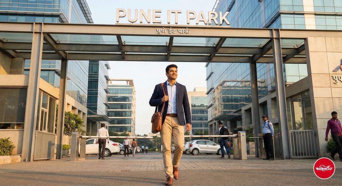 Young Indian IT professional entering IT park on first day at work in Pune