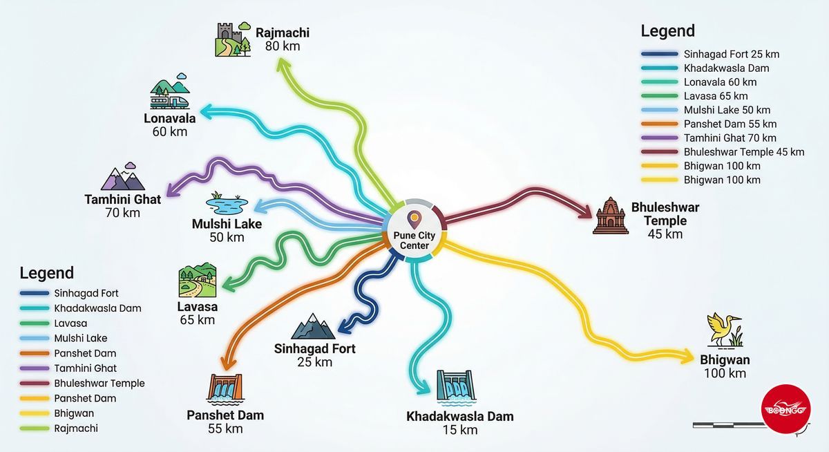 Infographic map showing 10 bike ride routes radiating from Pune center with distance labels