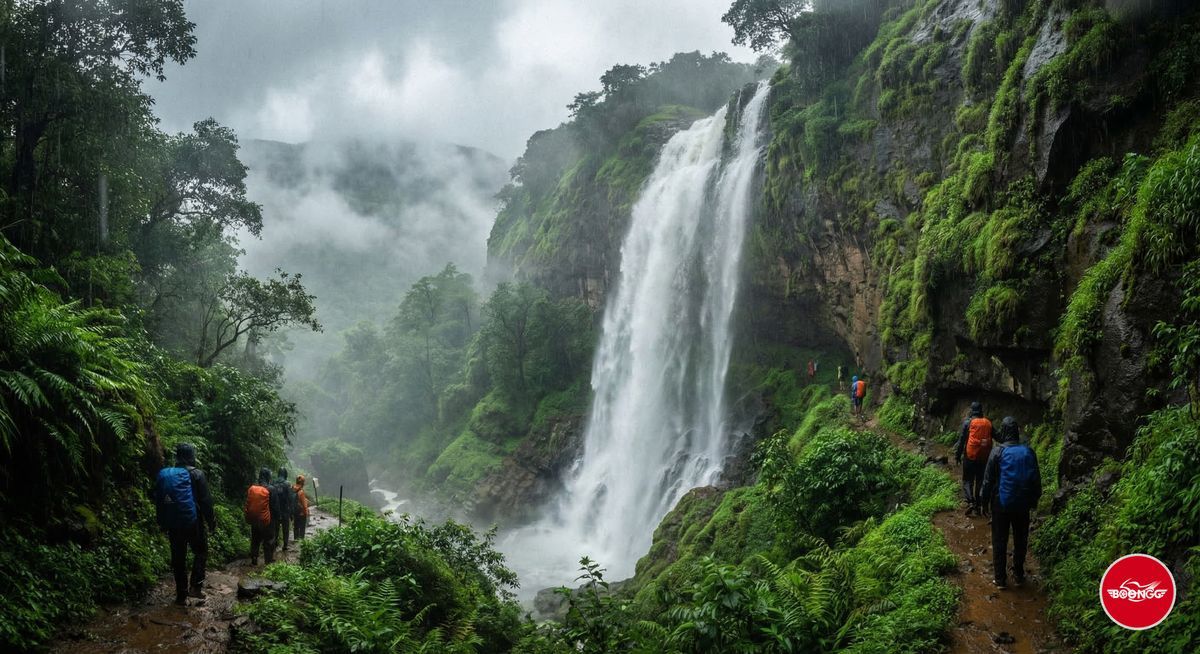 Lonavala waterfall during monsoon season with cascading water over lush green rocky cliff face in Maharashtra