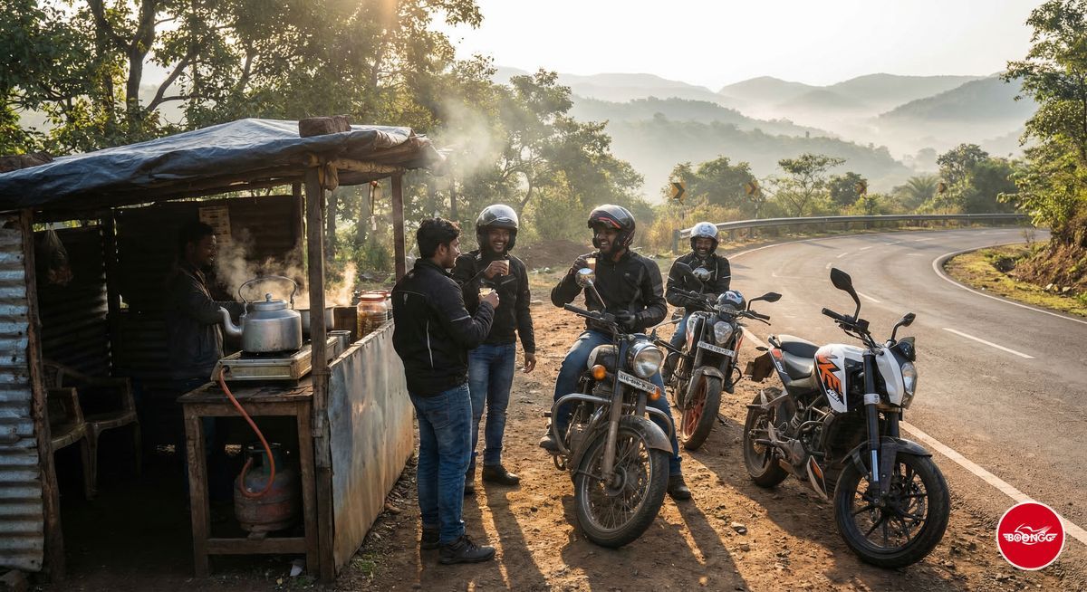 Group of young riders at a roadside chai stall in early morning on a scenic mountain road near Pune