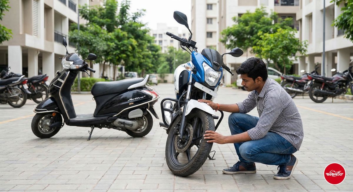 Person inspecting a rental bike, checking tyres and mirrors before riding