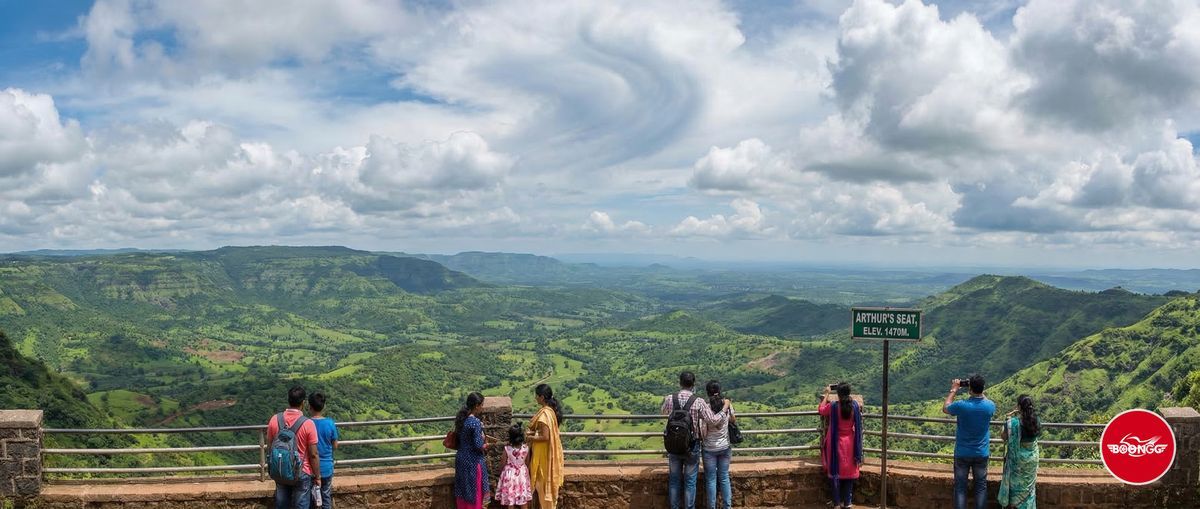 Mahabaleshwar hilltop viewpoint with panoramic view of green valleys and rolling Western Ghats hills from Arthur Seat