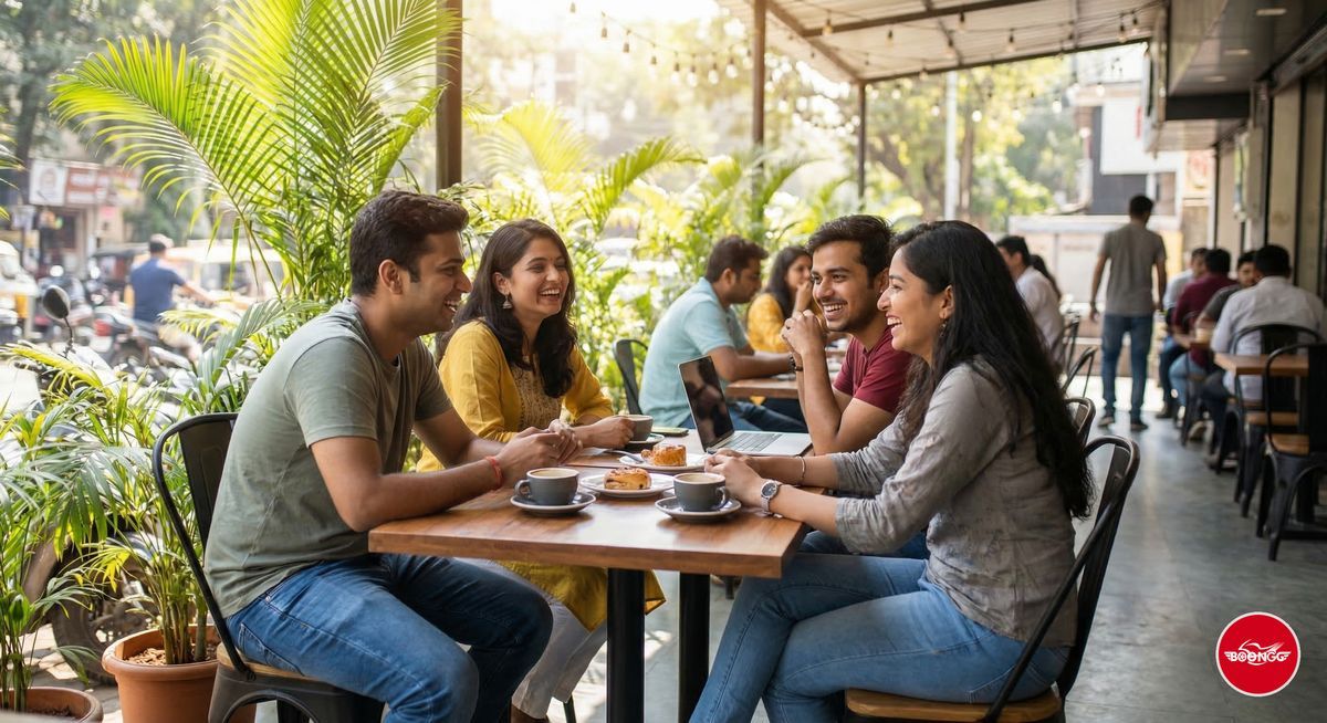Group of young professionals enjoying weekend at a trendy Pune cafe