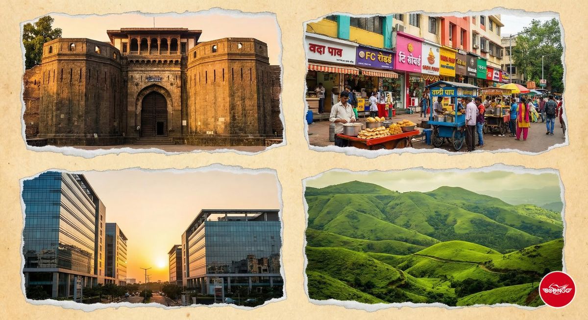 Pune landmarks collage showing Shaniwar Wada, FC Road, IT park buildings and Western Ghats