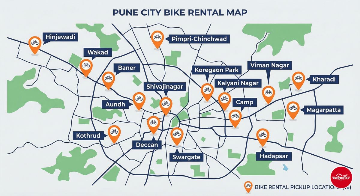 Map of Pune showing 16 Boongg bike rental locations across the city