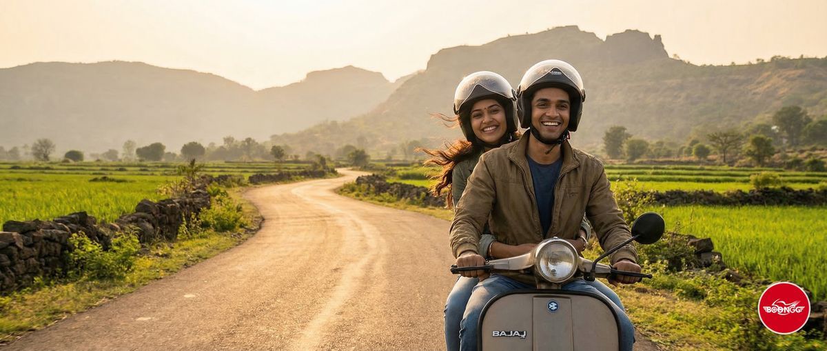 Couple on rental scooter riding to Sinhagad Fort near Pune on weekend trip