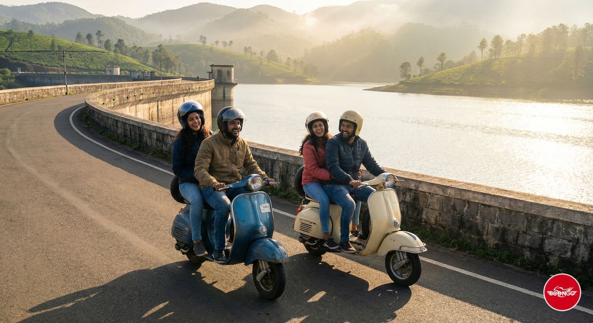 Friends on scooters riding to dam near Pune for weekend trip