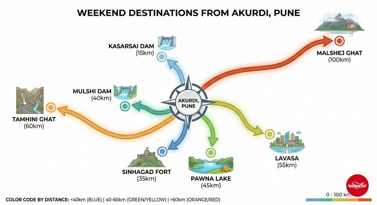 Map showing 7 weekend ride destinations from Akurdi Pune with distances