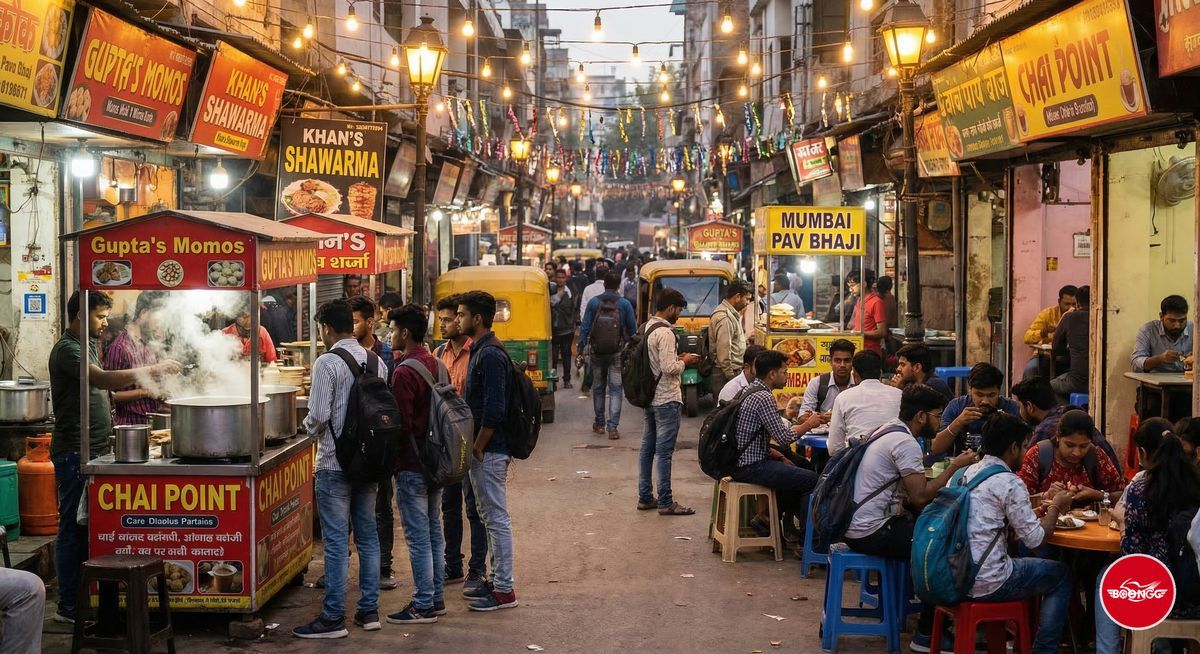 Bustling Aundh food lane with street food stalls serving momos and chai to students in the evening