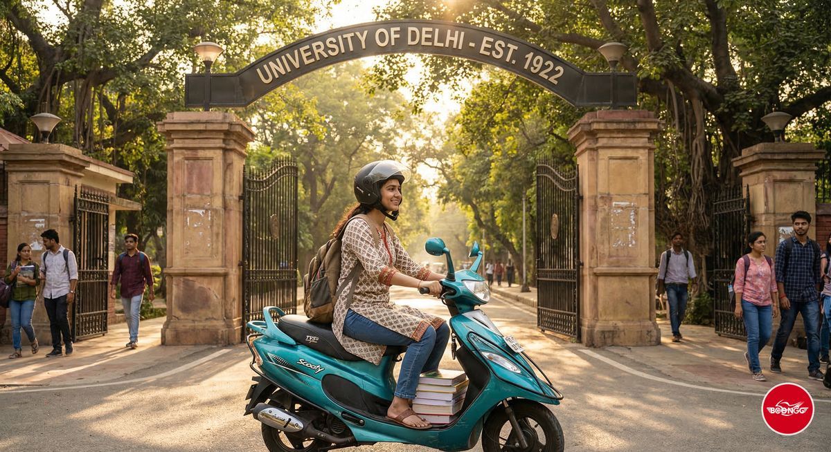 Student riding a rented scooty near Pune University campus gate in Aundh area