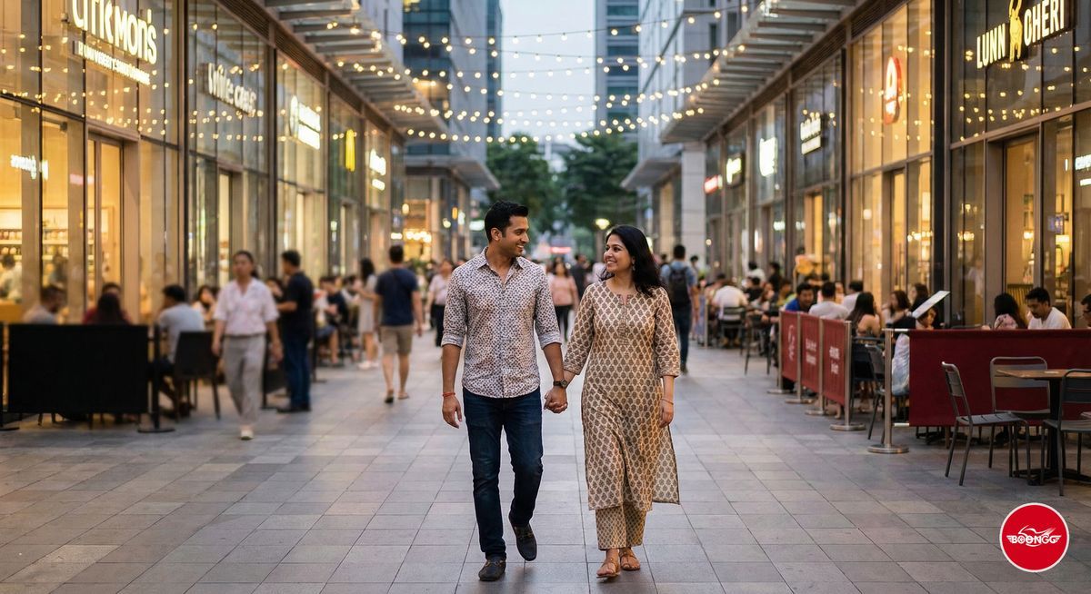 Couple exploring Balewadi High Street evening