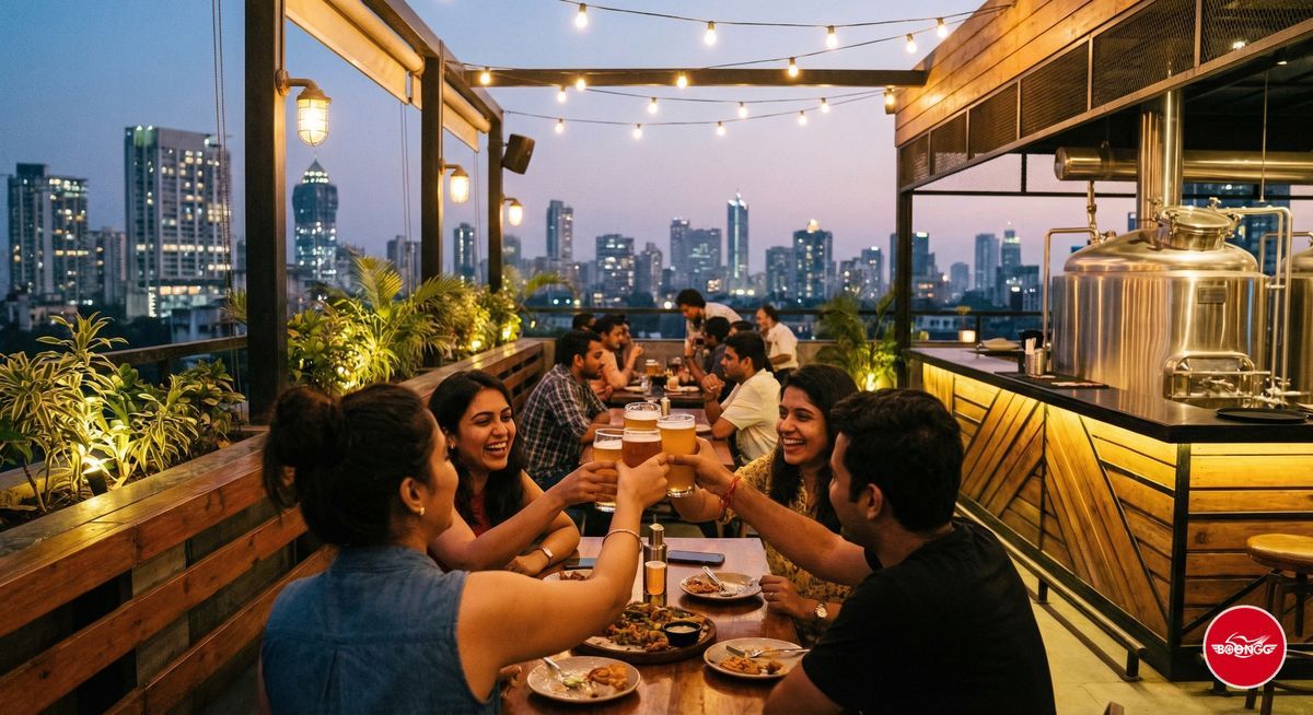 Rooftop brewery Balewadi High Street sunset