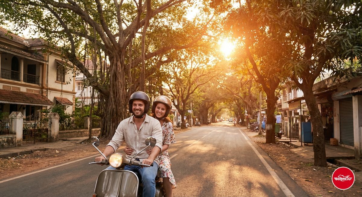 Couple enjoying evening scooter ride in Wakad