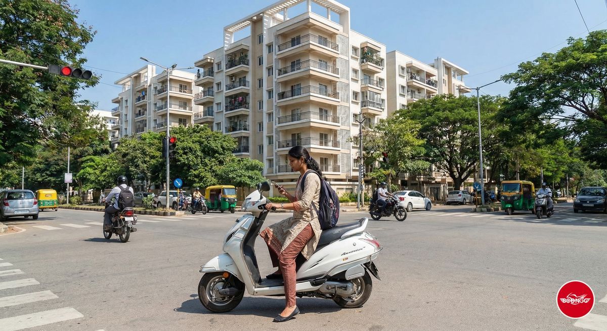 Woman riding scooter in Wakad Pune traffic