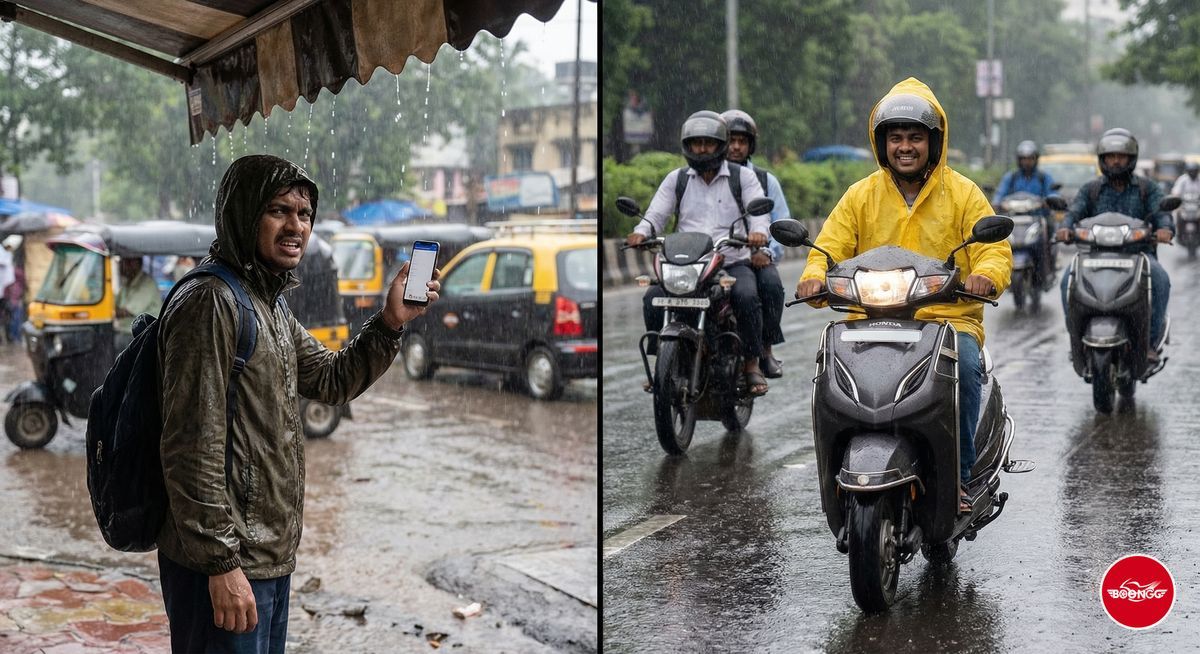 Cab wait in rain vs scooter with raincoat comparison