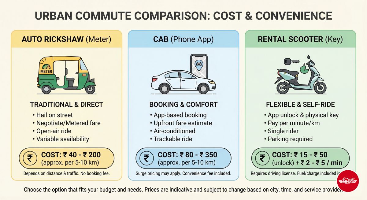 Commute cost comparison auto vs cab vs rental scooter