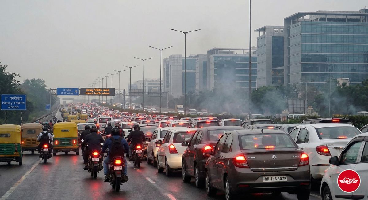 Traffic jam on Hinjewadi road during morning commute