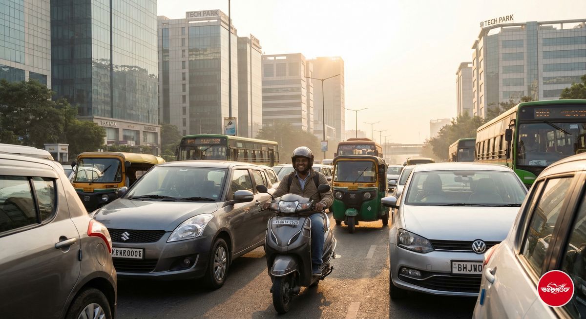 Scooter rider weaving past stuck traffic near Hinjewadi