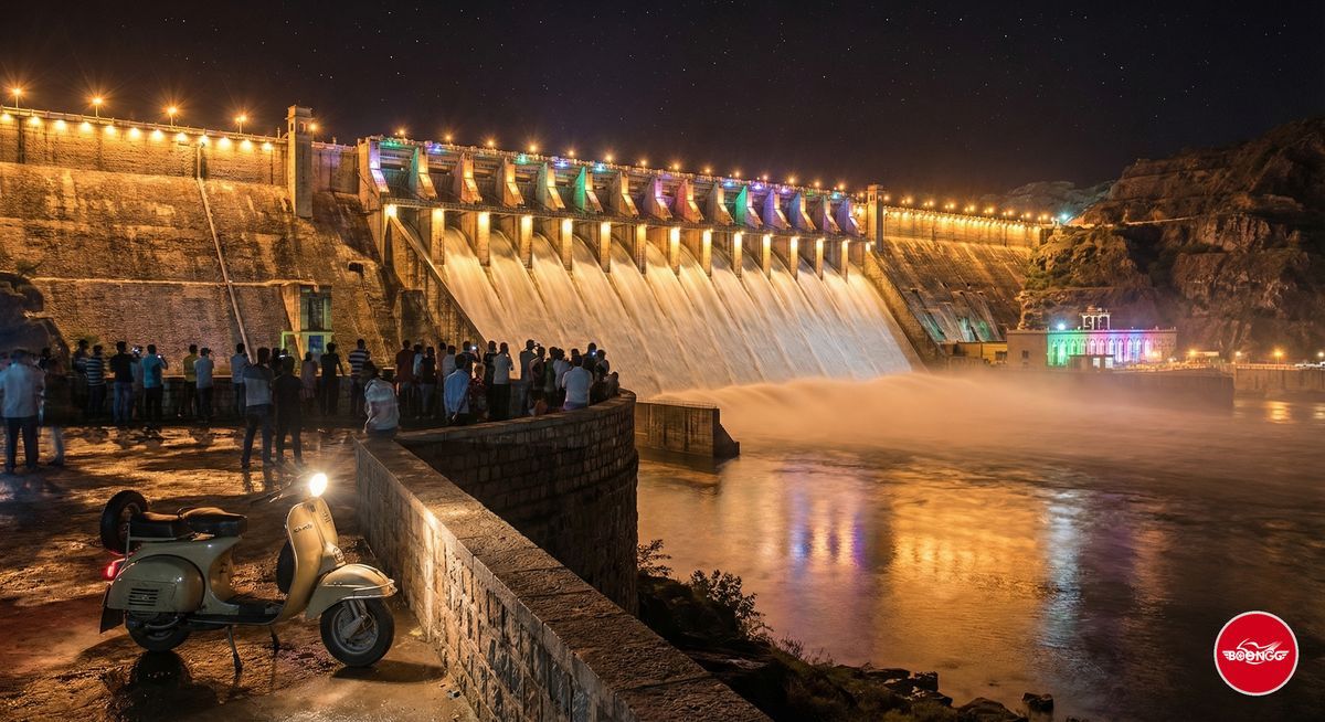 Illuminated dam near Pune evening view