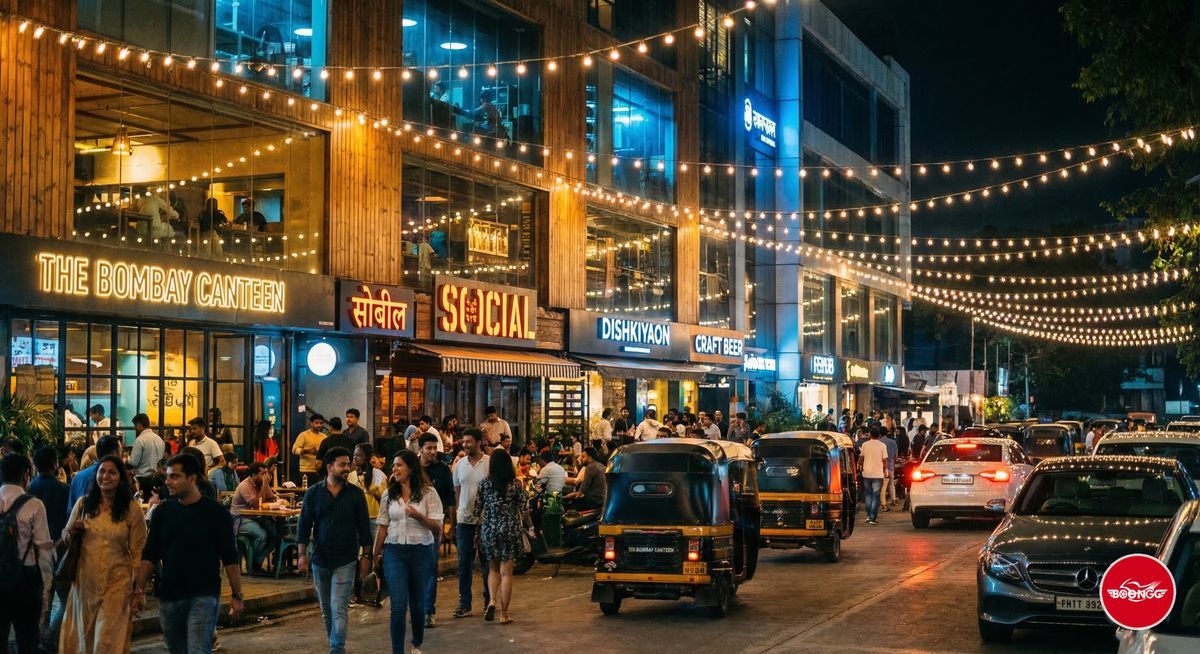 Balewadi High Street evening scene with lit up pubs and restaurants in Pune