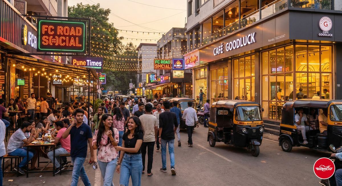 Balewadi High Street evening scene with restaurants neon lights and young people dining