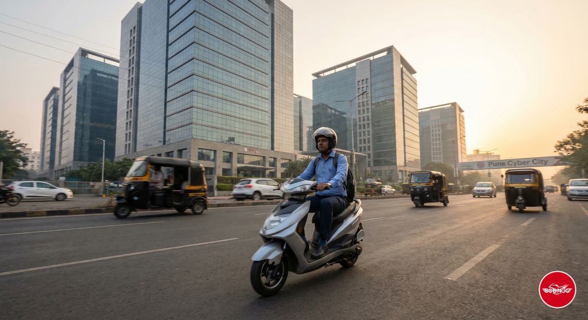 IT professional riding scooty from Balewadi to Hinjewadi IT Park during morning commute in Pune