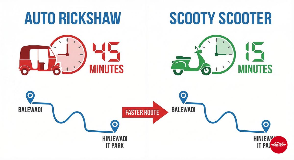 Time comparison infographic showing auto 45 minutes versus scooty 15 minutes from Balewadi to Hinjewadi
