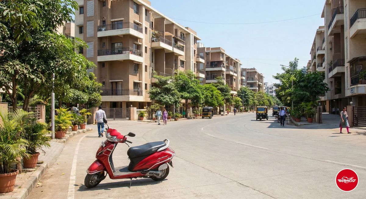 Modern apartment buildings in Balewadi Pune with scooty on wide road, sunny day