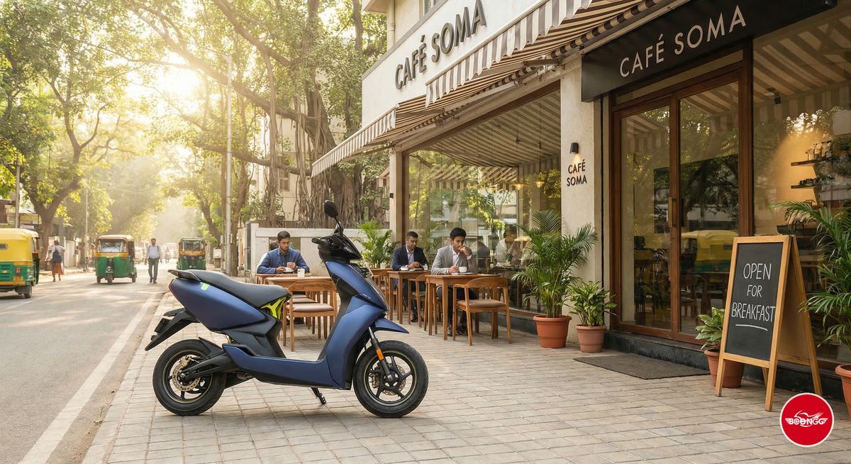 Scooty parked outside a trendy cafe in Baner Pune - the best way to explore the neighborhood