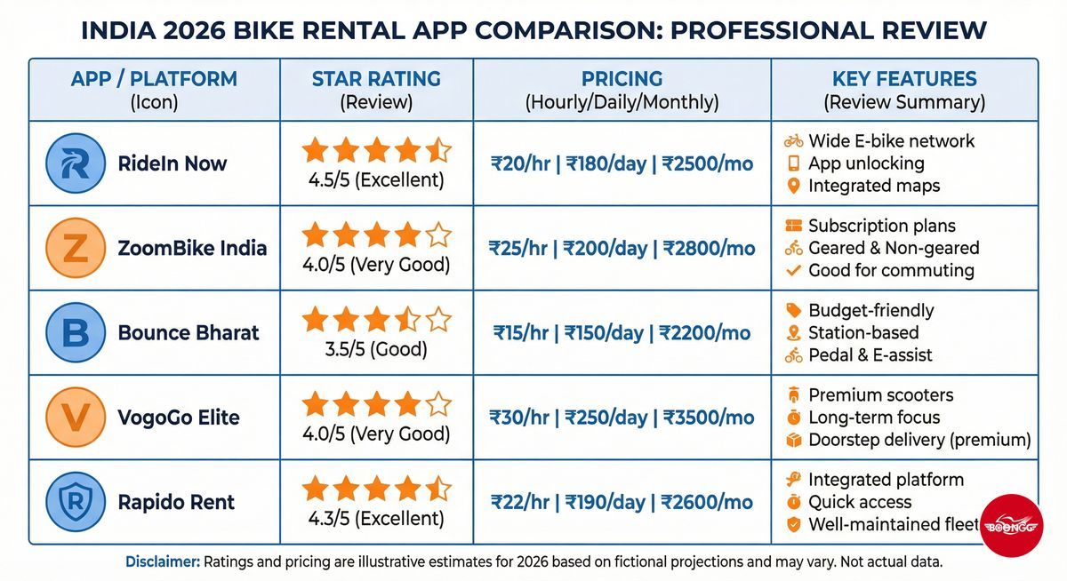 Comparison of best bike rental apps in India 2026