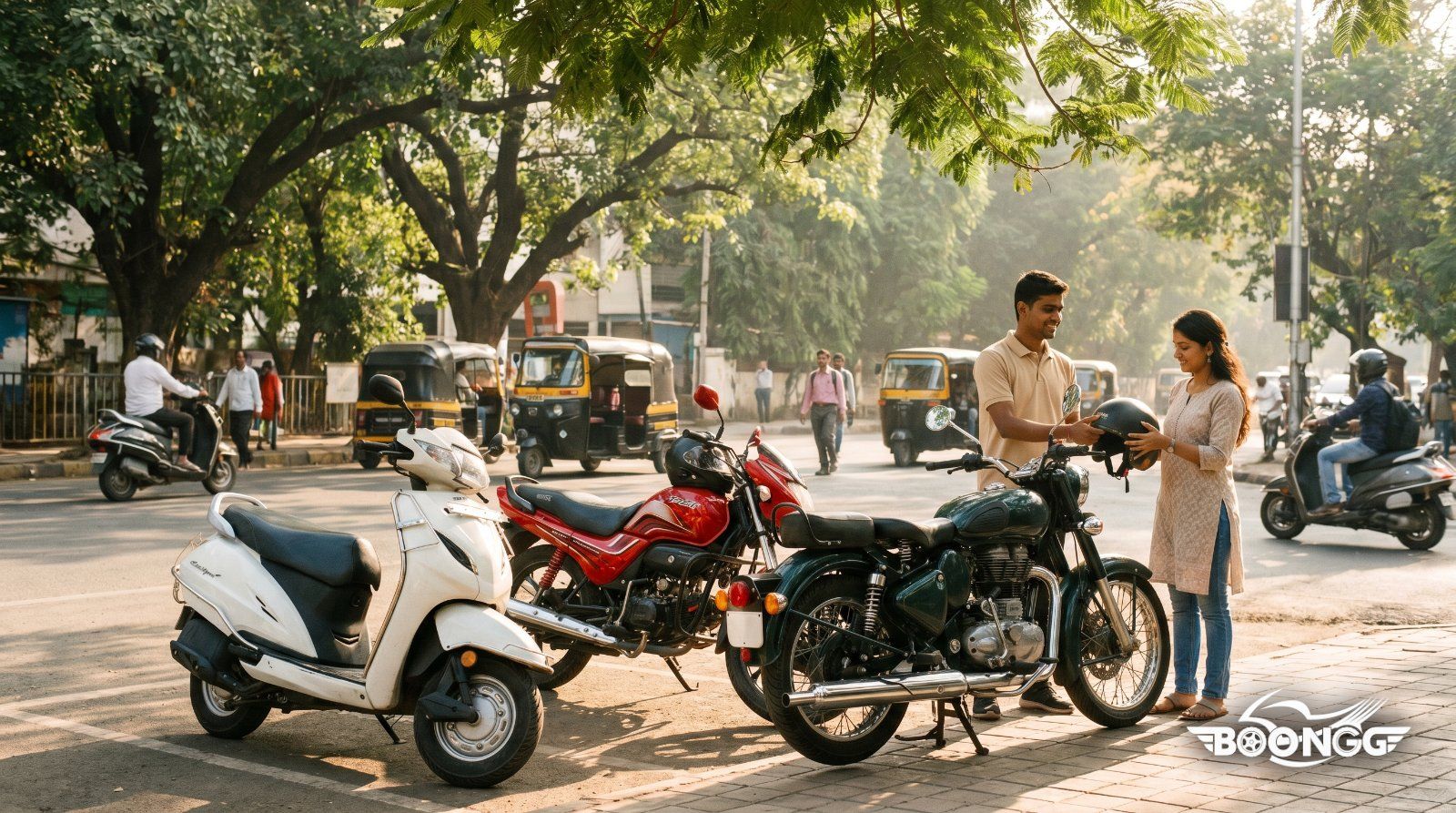 Scooty and motorcycles lined up at a bike rental pickup point in Balewadi Pune