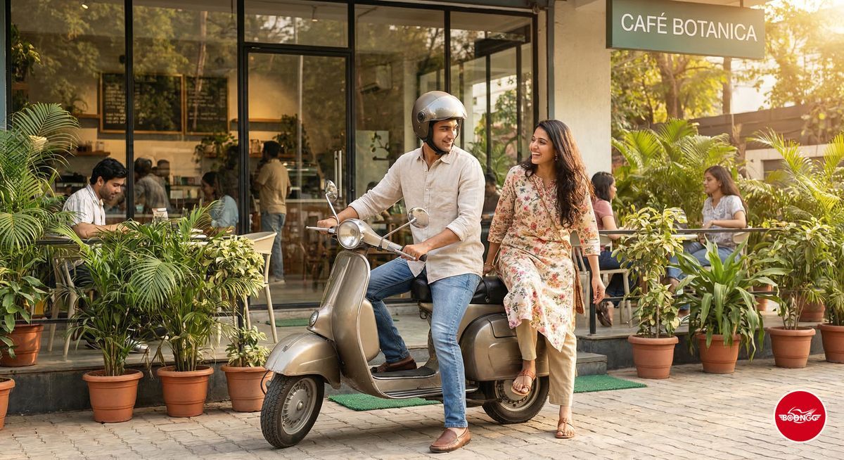 Young couple arriving at a Balewadi cafe on a rented scooty in Pune