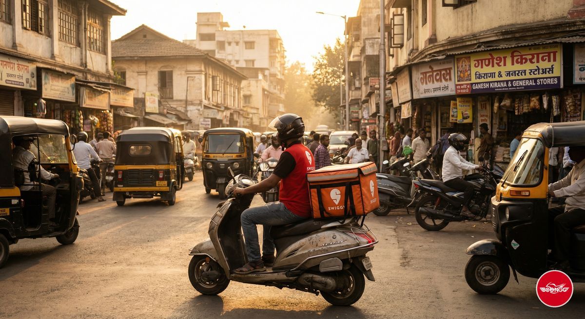 Delivery partner riding scooter in Pune with food delivery bag