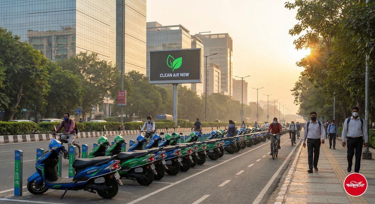 Electric scooter fleet on Indian city street representing eco-friendly urban commute