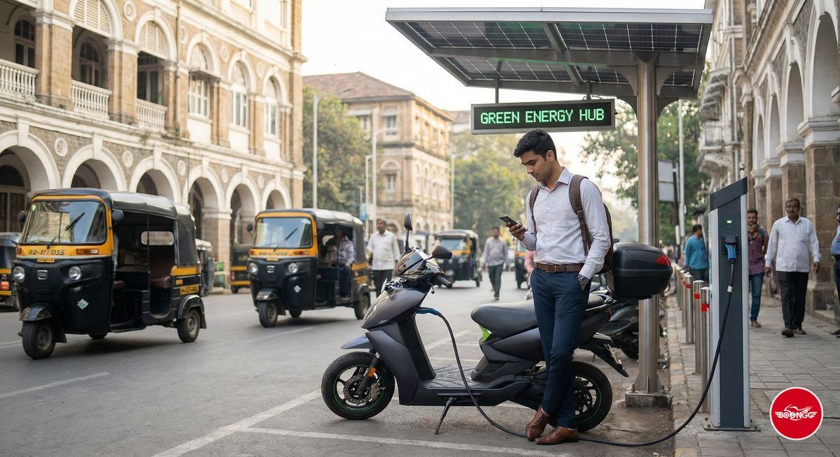 Electric scooter charging at public charging station in Pune with professional checking phone