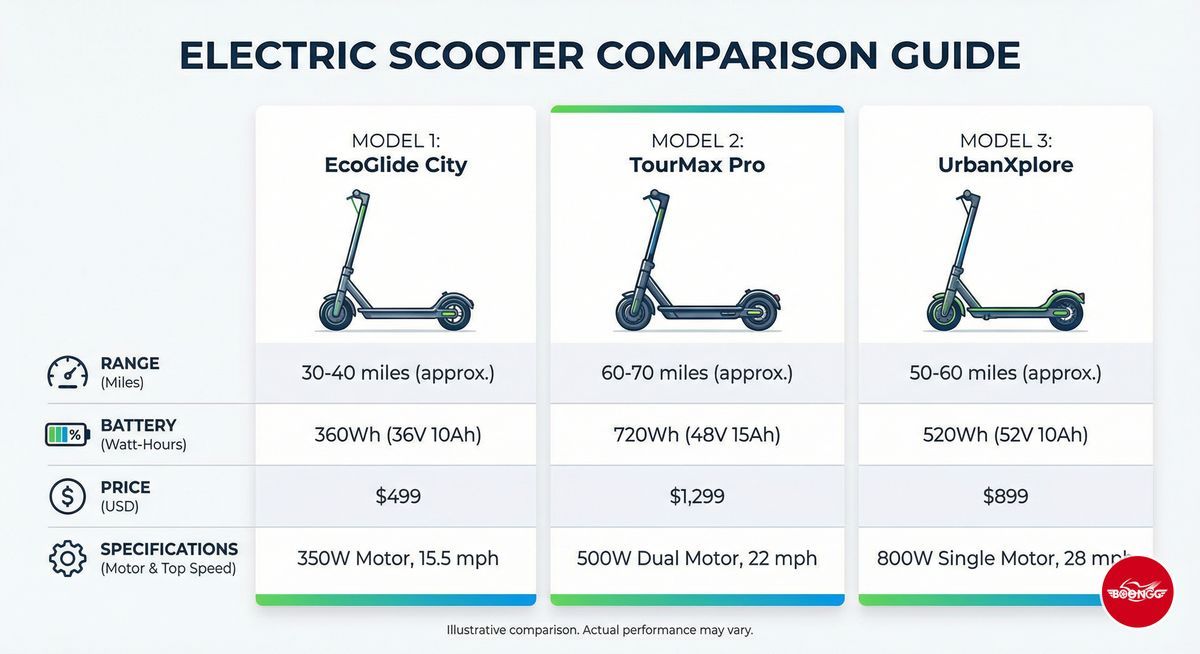 Electric scooter model comparison chart showing specifications for different EV models