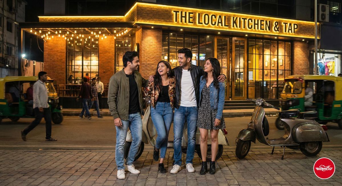 Group of friends with scooties outside a pub restaurant on Balewadi High Street Pune
