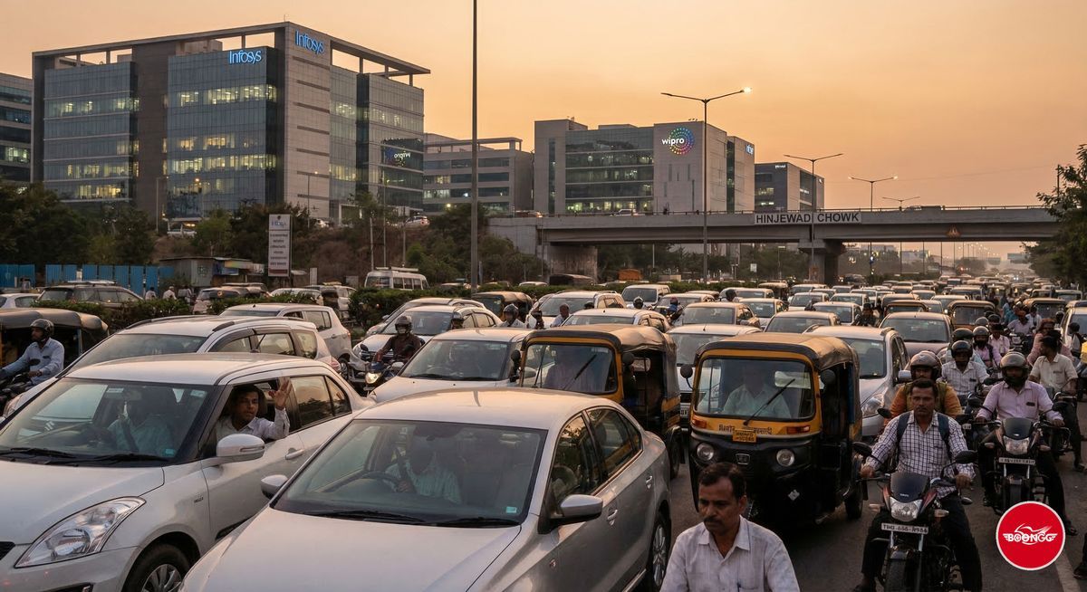 Heavy traffic congestion at Hinjewadi Chowk during evening rush hour with cars and autos stuck