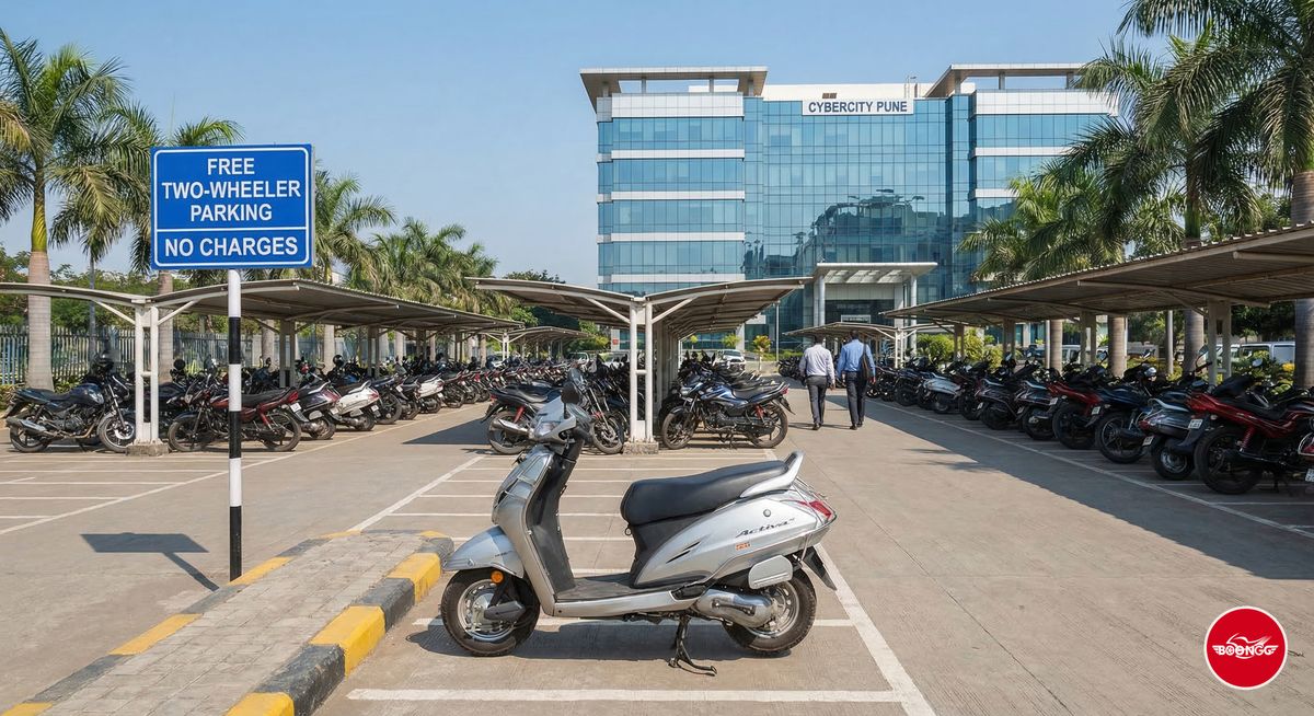 Free two-wheeler parking lot at Hinjewadi IT Park with scooters parked in organized rows