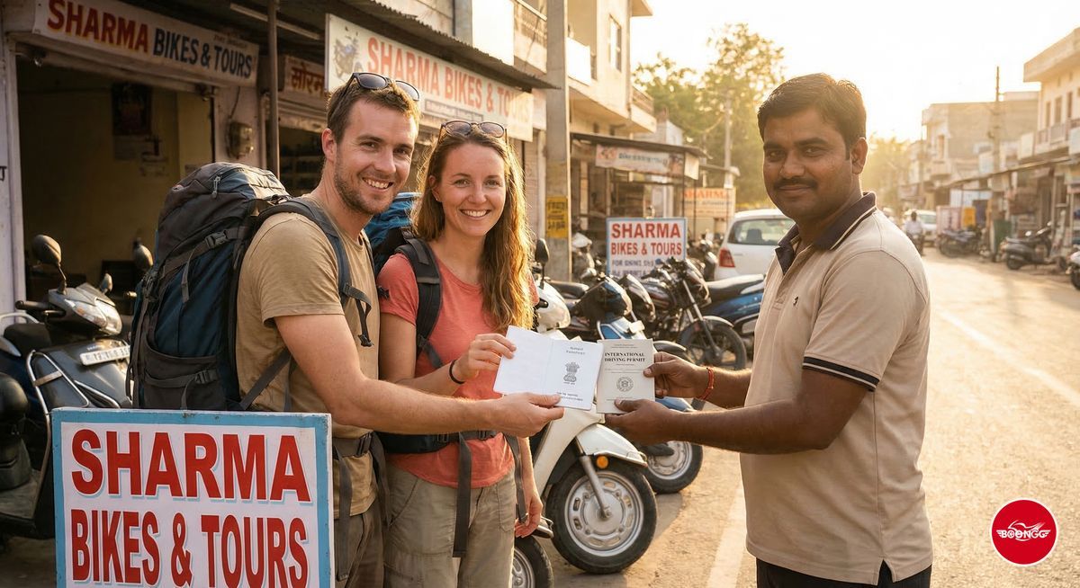 International tourists renting bike in India with passport and IDP