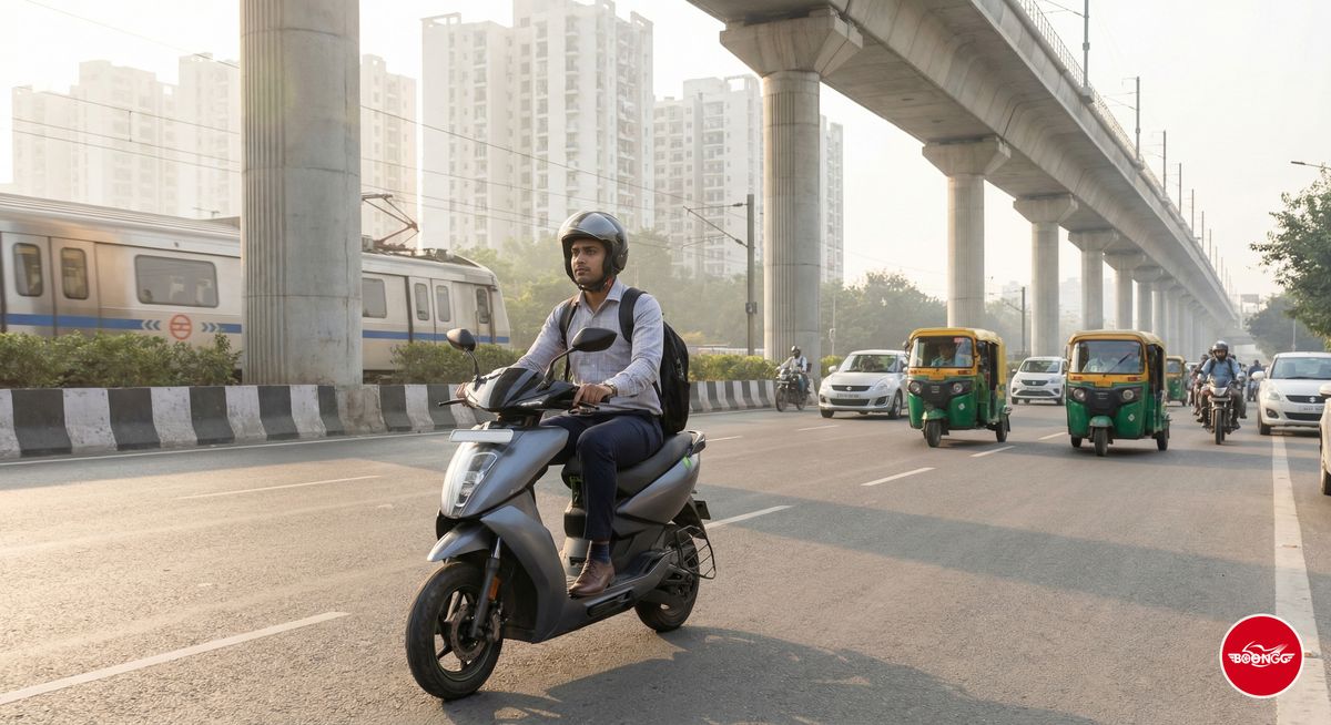 IT professional commuting on scooty near metro construction in Pune