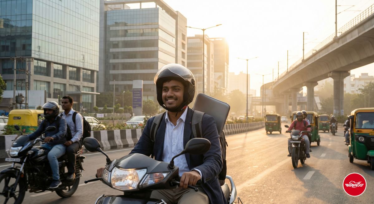 IT professional riding scooty through Pune streets at sunrise with laptop bag