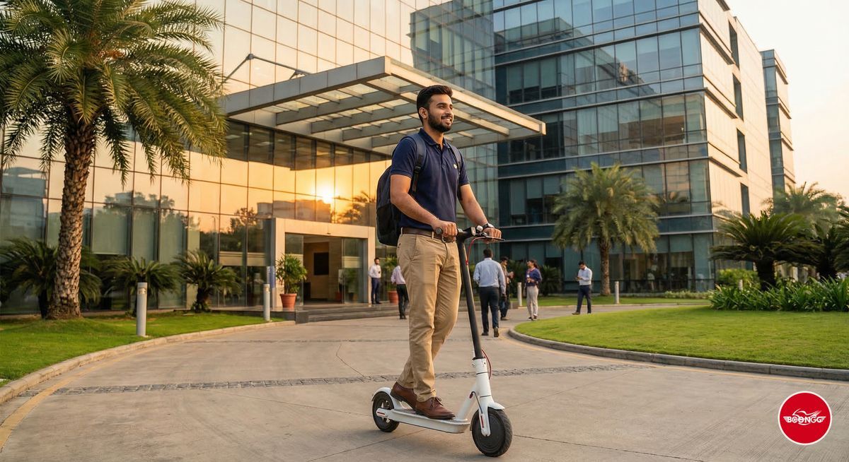 IT professional arriving at Hinjewadi IT park on a rented scooty in Pune