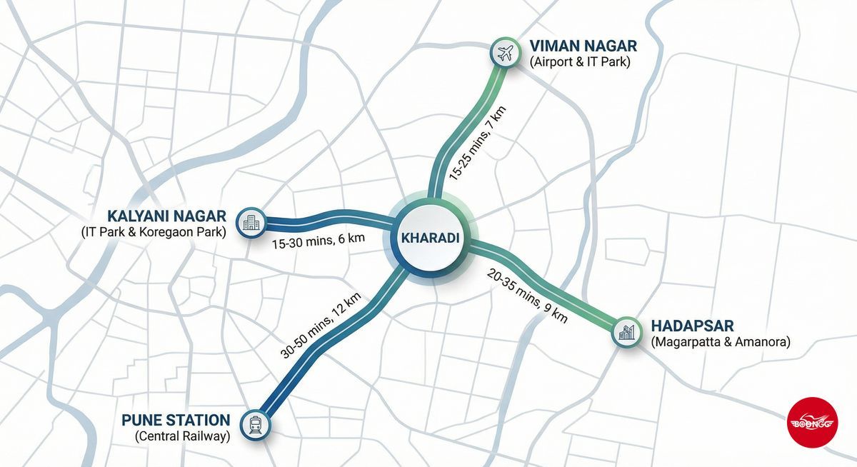 Kharadi and east Pune commute distances map with routes to key destinations