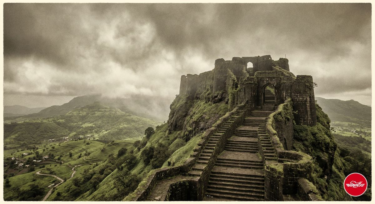 Lohagad Fort hilltop trek near Lonavala with stone steps and dramatic sky
