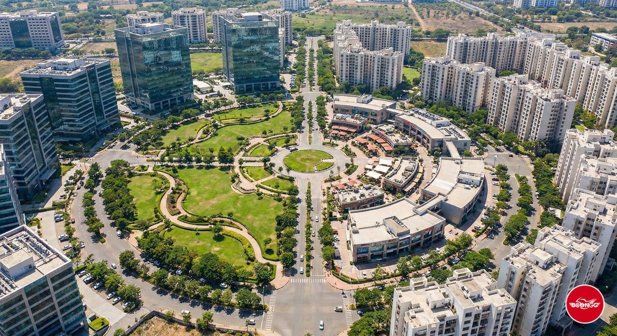 Magarpatta City integrated township Pune aerial view showing offices and residences